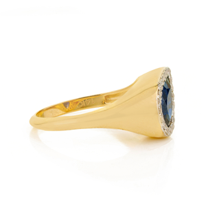Anillo Grueso de Oro Amarillo de 14K con Zafiro Azul en Forma de Pera Hecho a Mano y Halo de Diamantes de Corte Redondo, Joyería de Piedras Preciosas Auténticas - Product Image 5