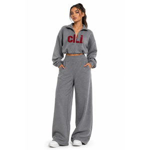Wholesale Chenille Applique Stand Collar Zip <b>Cropped</b> <b>Top</b> Custom Hoodies Relaxed Fit Palazzo Sweatpants Two Piece Athleisure <b>Set</b> - Product Image 1