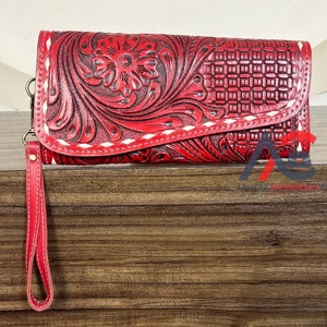 Pochette élégante en cuir rouge orné d'un motif floral, nouvelle pochette à main en cuir véritable pour femme, porte-monnaie pour usage quotidien - Product Image 1