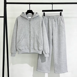 Survêtement unisexe gris à capuche, manches longues, fermeture éclair, couleur unie, vêtement décontracté, poches latérales, coupe régulière, saison automne, 100% coton - Product Image 4