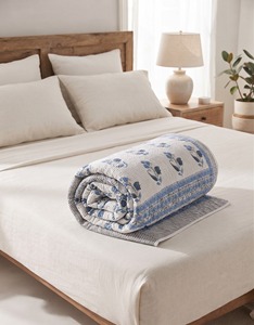 The FABRIA Hand Block Print Floral Lightweight Cotton Kantha <b>Quilt</b> Handmade Reversible Bohemian <b>Indian</b> Queen Size Blanket - Product Image 3
