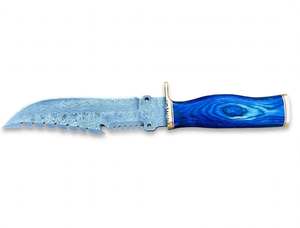 Couteau utilitaire avec lame fixe en acier Damas, poignée en bois bleu et garde-poignée en laiton poli - Product Image 5