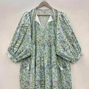 Vestido Casual Midi para Mujer, Tejido 100% Algodón, Liso, Manga Corta, Cintura Imperio, Estilo Babydoll, Cuello en V, Holgado, Funcional - Product Image 1