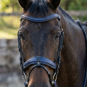 Bridon de luxe en cuir anatomique pour cheval, bleu marine, avec nezette et frontal ondulé en cuir gaufré crocodile, en acier inoxydable de haute qualité et néoprène - Product Image 5