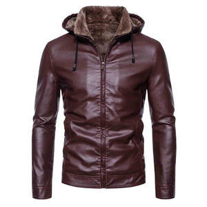 Veste d'hiver classique décontractée en cuir avec capuche réglable et construction de coutures durables - Product Image 1