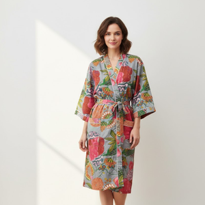 Bata Kimono de Algodón con Estampado Floral Gris para Mujer, Cuello en V, Manga Larga, Ropa de Estar por Casa, Bata de Baño con Cinturón Ajustable y Bolsillos - Product Image 2