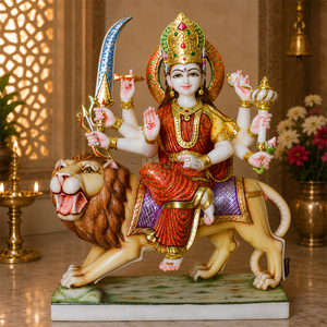 Durga Maa Idol for Temple | Handcrafted Marble Goddess Seated on Lion with Sword, Bow and Golden Crown by MALIYAS Jaipur - Product Image 1