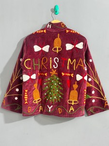 Blazer de Noël en velours brodé à la main, motif vin rouge, chaud et élégant, cadeau de Noël idéal - Product Image 2