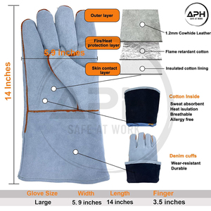 <b>Light</b> Grey Cow Split Leather Welder <b>Gloves</b> Brown Welted Seams Thermal Resistant Long Gauntlet Cuff Industrial Hand Wear - Product Image 3