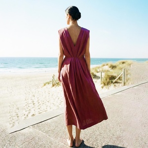 Linen V-Neck Bell Sleeve <b>Loose</b> Fit Pleated Flared Hem Bow Detail Breathable Vintage Summer Casual Midi <b>Dress</b> for Women - Product Image 2