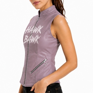 Veste en cuir pour femme, style sans manches, fermeture éclair sur le devant, poches latérales, style motard, col montant - Product Image 3