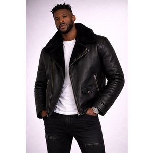 Men Black Biker <b>Jacket</b> Asymmetrical Zip Shearling Collar Winter Moto Aviator Style Outerwear - Product Image 1