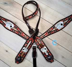 Ensemble de têtière et de collier de poitrine d'équitation en cuir véritable de haute qualité, style occidental, avec décorations florales et incrustations de poils, pour l'équitation allemande - Product Image 1