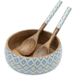 Juego de Ensaladera de Madera de Mango Natural Hecha a Mano con Servidores a Juego, Tazón Redondo para Servir con Esmalte Azul, Utensilios de Cocina para el Hogar - Product Image 3