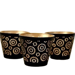 <b>Black</b> Floral Cutout Diwali <b>Lantern</b> Set of 3 <b>with</b> Gold Interior Decorative Votive <b>Candle</b> Holders for Home and Diwali Celebrations - Product Image 1