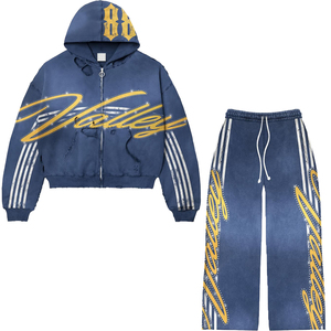 Design Your Own Distressed Men's 2 Piece Sweat Suits Long Sleeve Y2K Rhinestone Graphic Zipper Hoodies and Flared <b>Sweatpants</b> <b>Set</b> - Product Image 1