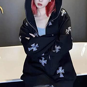 เสื้อฮู้ดซิปผู้หญิงผ้าฝ้ายปักคริสตัลรูปเพชรดำแบบ OEM สั่งทำได้ พร้อมซิปโลหะและลายปะติดกากเพชร ขายส่ง - Product Image 3