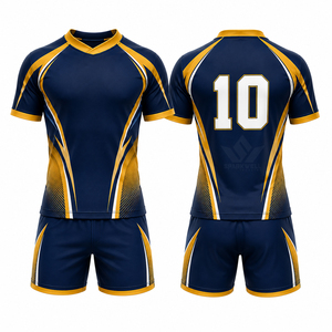 Ensemble de maillot de rugby personnalisé bleu marine et jaune pour hommes, manches courtes, col en V, polyester respirant sublimé, uniforme sportif d'équipe pour adultes - Product Image 6