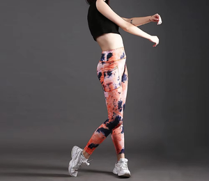 Leggings longs à taille haute avec imprimé tie-dye et poches, en tissu extensible tricoté, spandex, polyester, sportif, pour femmes - Product Image 3
