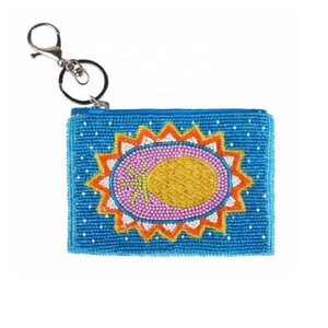 Beaded Coin Purse Mini Zipper Closure Handmade Bohemian Style Unisex Blue Sun Pattern - Product Image 1