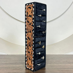 Western Hand Tooled Cowhide Leather Jewelry & Ring Box with Designer Rustic Vintage Ring Case with <b>Black</b> Velvet Insert for Women - Product Image 5