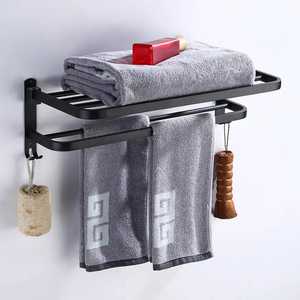 Porte-serviettes mural noir mat Skies Trader avec étagère et crochets, organisateur de salle de bain double couche pour serviettes pliables - Product Image 5