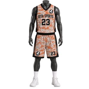 Ensemble maillot et short de basketball gris-orange par sublimation – Tenues d'équipe personnalisées pour hommes et femmes – Vêtements de sport respirants - Product Image 1