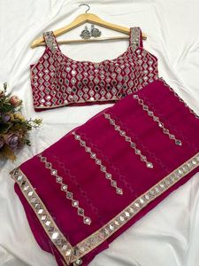Sari de georgette de diseñador con espejos auténticos y bordados, y blusa de georgette sin coser con espejos auténticos y bordados. - Product Image 5
