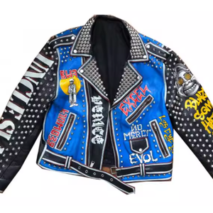 FURAT LEATHERS OEM Your Own <b>Punk</b> Printed Genuine Leather Motorcycle Biker <b>Jacket</b> Men Stand Breathable Customized Embroidered - Product Image 4