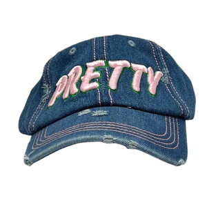 AKA Medium Wash Denim <b>Hat</b> Medium Blue Distressed Denim <b>Cap</b> with Green Embroidered Letters Adjustable Baseball <b>Hat</b> for Women - Product Image 1