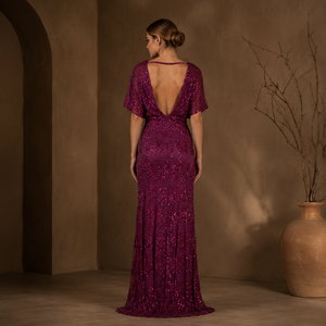 Luxury Fuchsia <b>Sequin</b> Evening Gown for Women | V Neck Flutter Sleeve Formal Party Dress Elegant Wedding Reception Prom Wear - Product Image 2