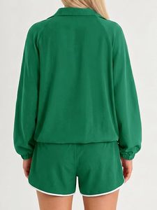 Ensemble court tendance pour femme : coupe-vent vintage uni, veste de survêtement légère et short assorti – Tenue décontractée pour le sport, la course, la gym et les activités de plein air - Product Image 3