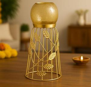 Candelabro de Metal Dorado con Diseño de Hojas, Portavelas Redondo de Vidrio, Decoración para el Hogar - Product Image 2