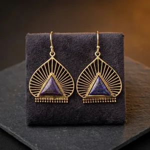 Boucles d'oreilles en laiton et lapis-lazuli naturel |   Boucles d'oreilles pendantes en pierres précieuses faites à la main |   Bijoux en laiton en gros - Product Image 3