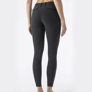 <b>Women</b> High Waist Full Length Equestrian Breeches With Knee Patches And Button Fly Closure <b>Black</b> Knitted Spandex Nylon <b>Pants</b> - Product Image 5