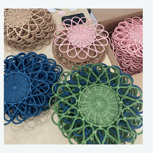 Natural Rattan Floral Placemat Handwoven <b>Round</b> <b>Table</b> <b>Mat</b> Boho Wedding Dining <b>Table</b> Decoration and Tableware - Product Image 4