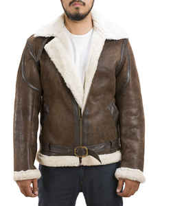 Veste aviateur en cuir véritable marron pour homme avec doublure en fausse fourrure, fermeture éclair, ceinture, style moto hiver - Product Image 1