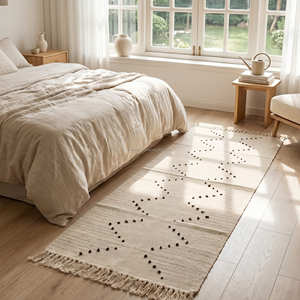 Alfombra Geométrica Boho Blanca en Zigzag, Alfombra Rectangular de Algodón Hecha a Mano, Antideslizante para Sala de Estar, Pelo Mediano, Beige - Product Image 3