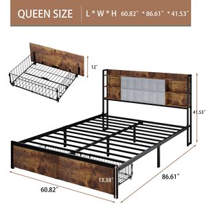 Cadre de lit rembourré Queen Size avec tête de lit à éclairage LED et 2 tiroirs de rangement, station de charge, aucun sommier requis - Product Image 2