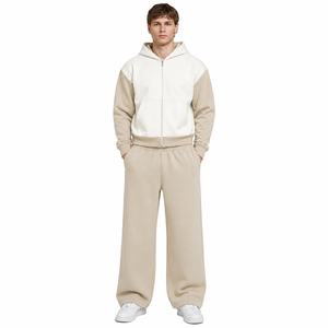 Conjuntos de sudadera con capucha y pantalón jogger color beige, estilo urbano oversize, de forro polar, con hombros caídos y cremallera, logotipo personalizado, OEM ODM, suministro al por mayor - Product Image 1