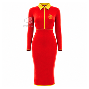 Vestido Midi Ajustado Rojo para Mujer NSPDK con Cuello Polo Dorado en Contraste, Cierre de Cremallera de un Cuarto, Manga Larga, Estilo Casual - Product Image 1