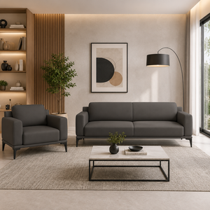 Ensemble de canapés en cuir marron de luxe moderne INTELLIGENTIA WOODS avec fauteuil d'appoint et table basse à plateau en marbre |   Salon haut de gamme pour la maison - Product Image 2