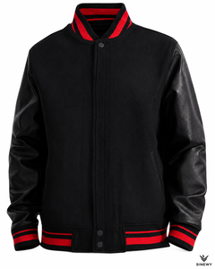 Veste varsity noire pour homme SINEWY, manches en cuir PU, couleur unie, col rabattu, vêtement décontracté pour l'automne - Product Image 1