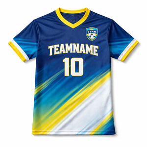 ผู้ผลิตชุดฟุตบอลแบบ OEM ตามสั่ง ผ้าโพลีเอสเตอร์ 100% ระบายอากาศ แห้งเร็ว พร้อมสกรีนชื่อและหมายเลขผู้เล่นตามแบบที่ต้องการ - Product Image 4