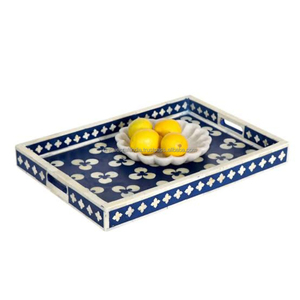 Plateau de service rectangulaire décoratif en bois avec incrustation d'os, motif géométrique noir et blanc, fait à la main, pour la décoration intérieure - Product Image 2