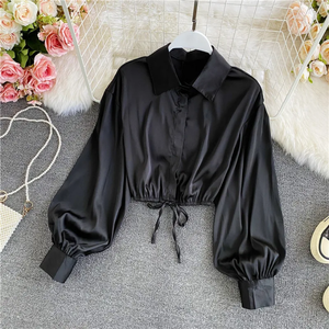 Blusa de Satén Morado para Mujer, Manga Larga, Corte Recortado, Cuello con Lazo, Tejida, Informal - Product Image 5