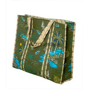 Eco-Friendly Women's Hand-Block Striped Cotton Quilted Tote <b>Bag</b> <b>Long</b> Handle Bohemian Style Everyday Shopping Exhibition - Product Image 1