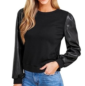 T-shirts respirants à manches en cuir PU, col rond, couleur noire unie, pour sports de plein air, décontractés, grandes tailles, vente en gros, OEM, ODM - Product Image 1