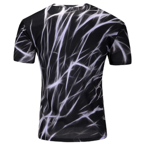 T-shirt pour homme, coupe ajustée, col rond, manches courtes, noir et blanc, imprimé abstrait, séchage rapide, sportif, tricoté en polyester, longueur normale - Product Image 2
