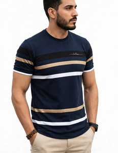 T-shirt à manches courtes pour homme, bleu marine rayé, col rond, coupe classique, décontracté, logo sur le devant, respirant, tricoté - Product Image 2